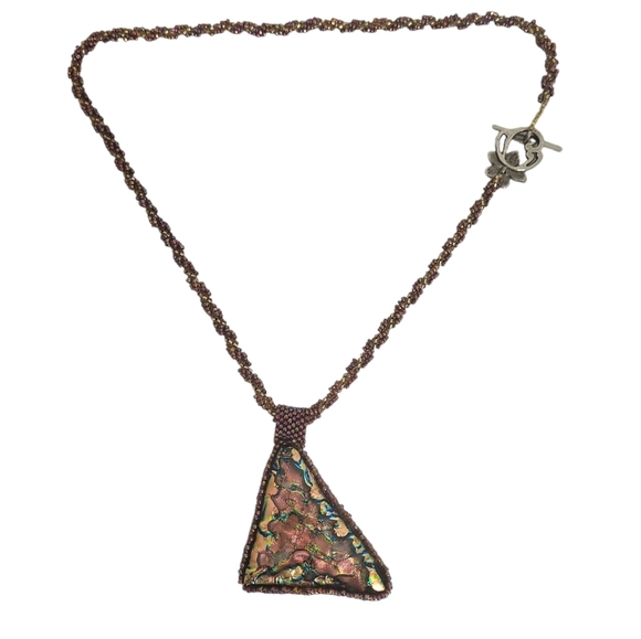 Cooper Dichroic Triangle Leather Pendant Sead Bead Necklace - Picture 2 of 2